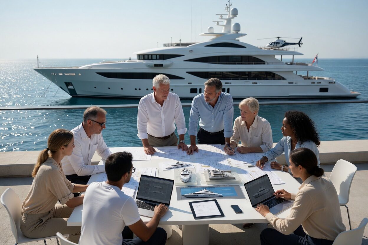 Ensign Yachting advisory team reviewing plans on a terrace with a superyacht beyond