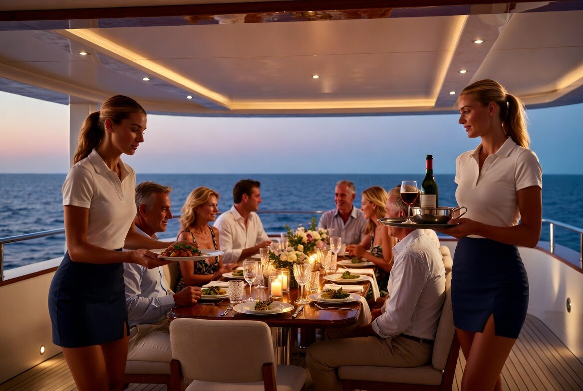 Crew serving an alfresco dinner on the aft deck at dusk