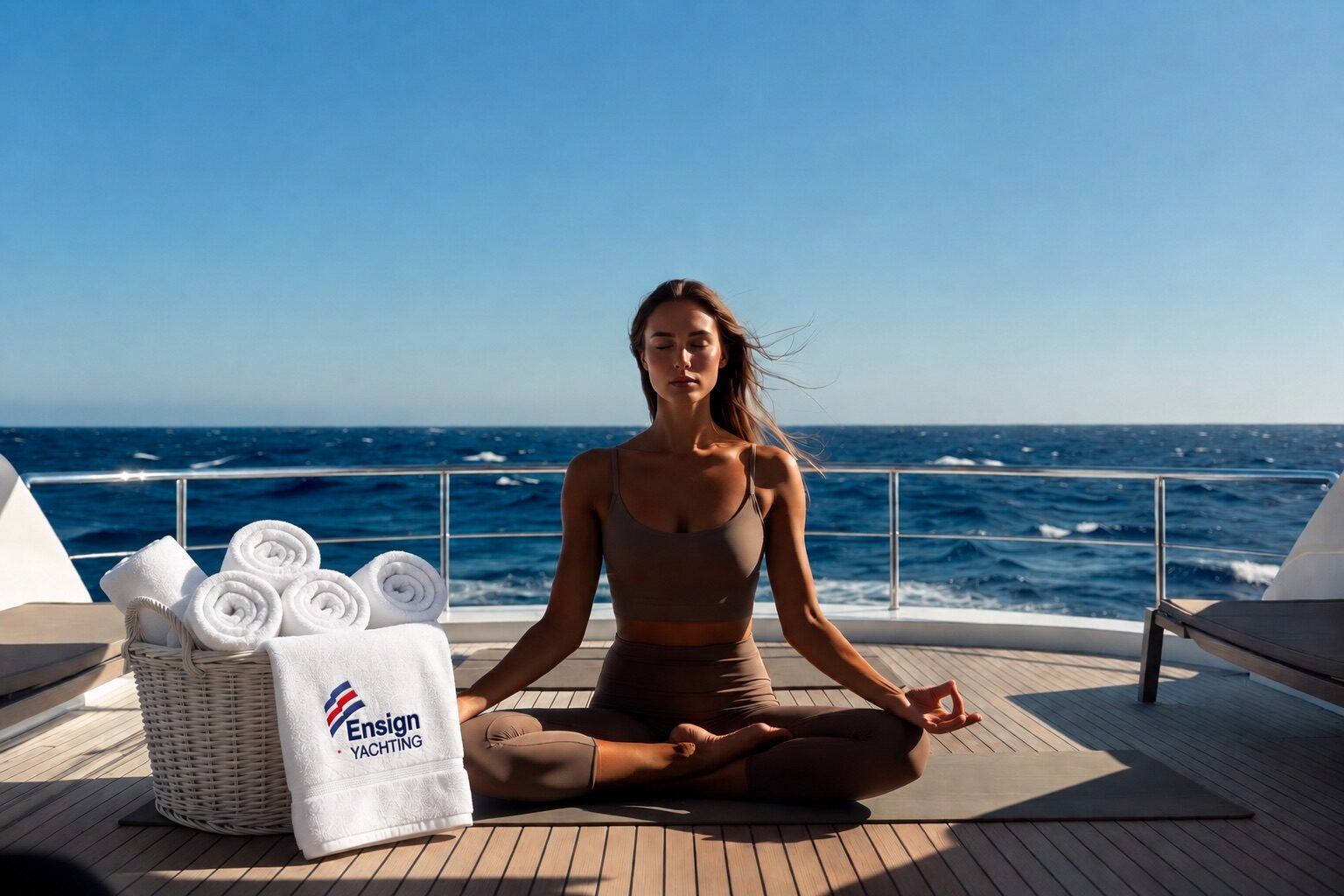 Branded Ensign Yachting towels and a guest at rest on deck